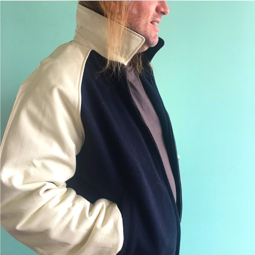 Vintage Varsity School Bomber Jacket: White Leather sleeves XL mint condition